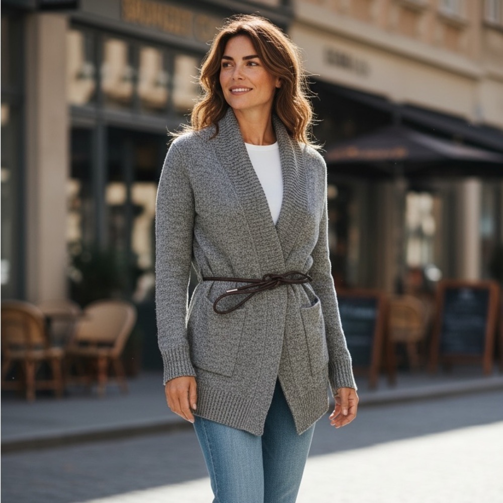 Hugo Boss Gray Women's Cardigan with Belt - Casual Wear - Layering - Size M